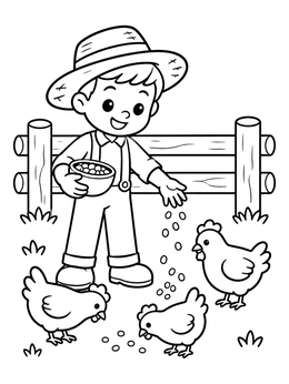 Free printable Pioneer Boy Feeding Farm Chickens coloring page