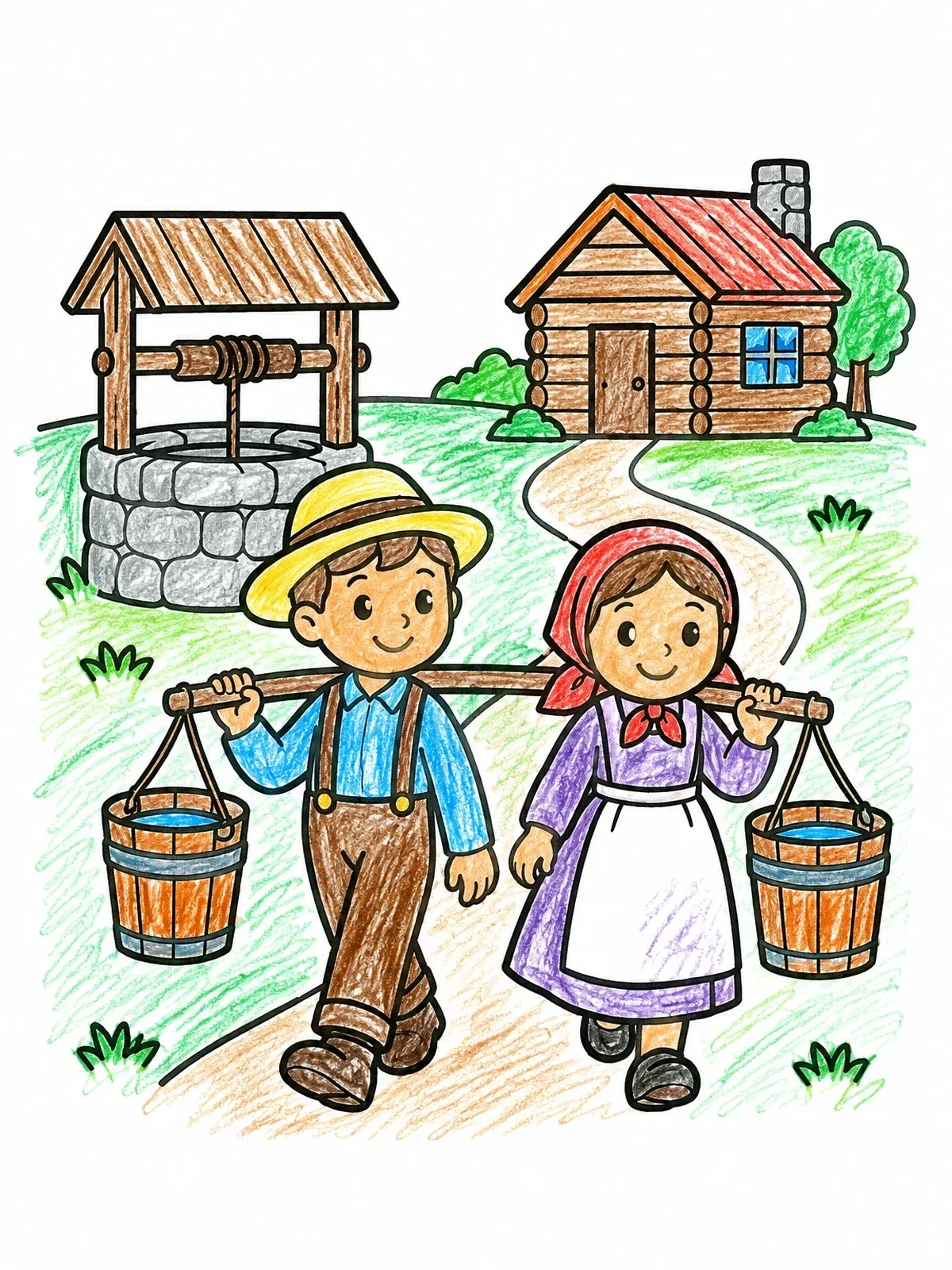 Colored example of the Pioneer Children Carrying Water Buckets coloring page
