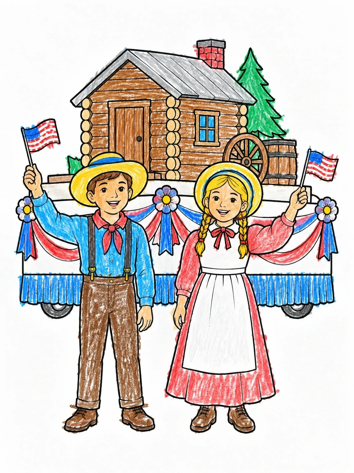 Colored example of the Pioneer Children Beside Parade Float coloring page