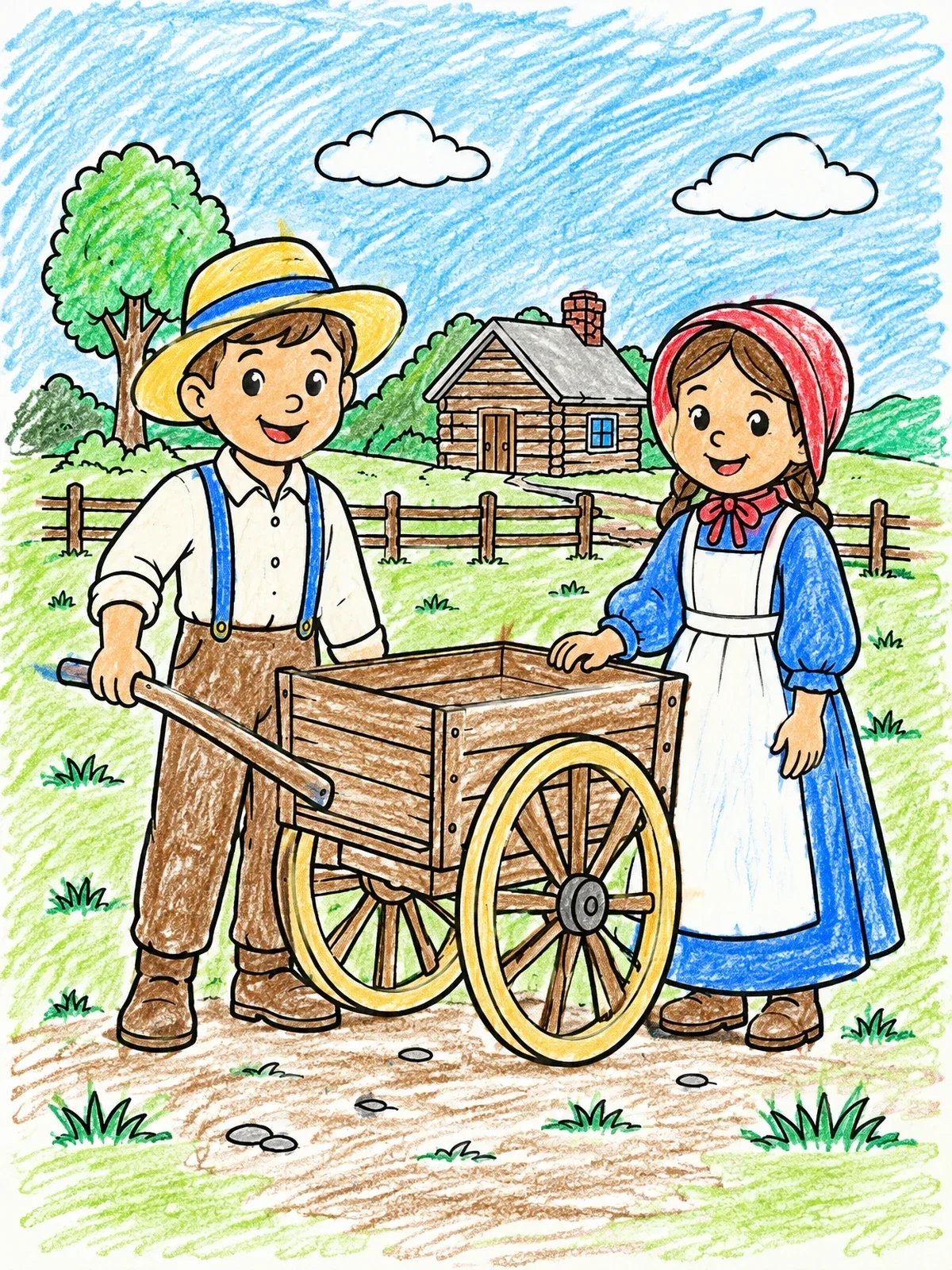 Colored example of the Pioneer Children With Wooden Handcart coloring page
