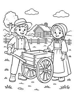 Free printable Pioneer Children With Wooden Handcart coloring page