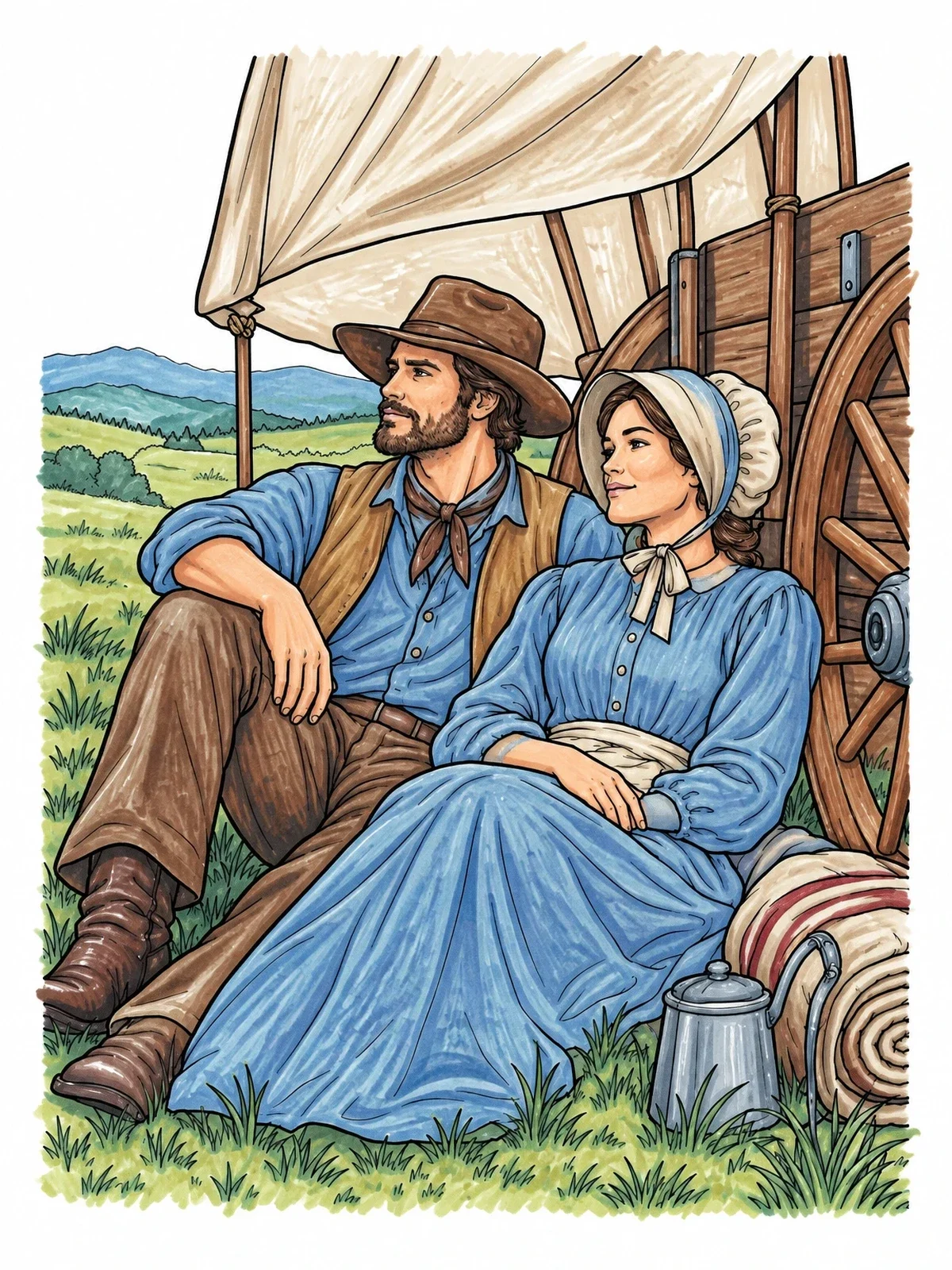Colored example of the Pioneer Couple Resting By Covered Wagon coloring page