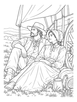 Free printable Pioneer Couple Resting By Covered Wagon coloring page