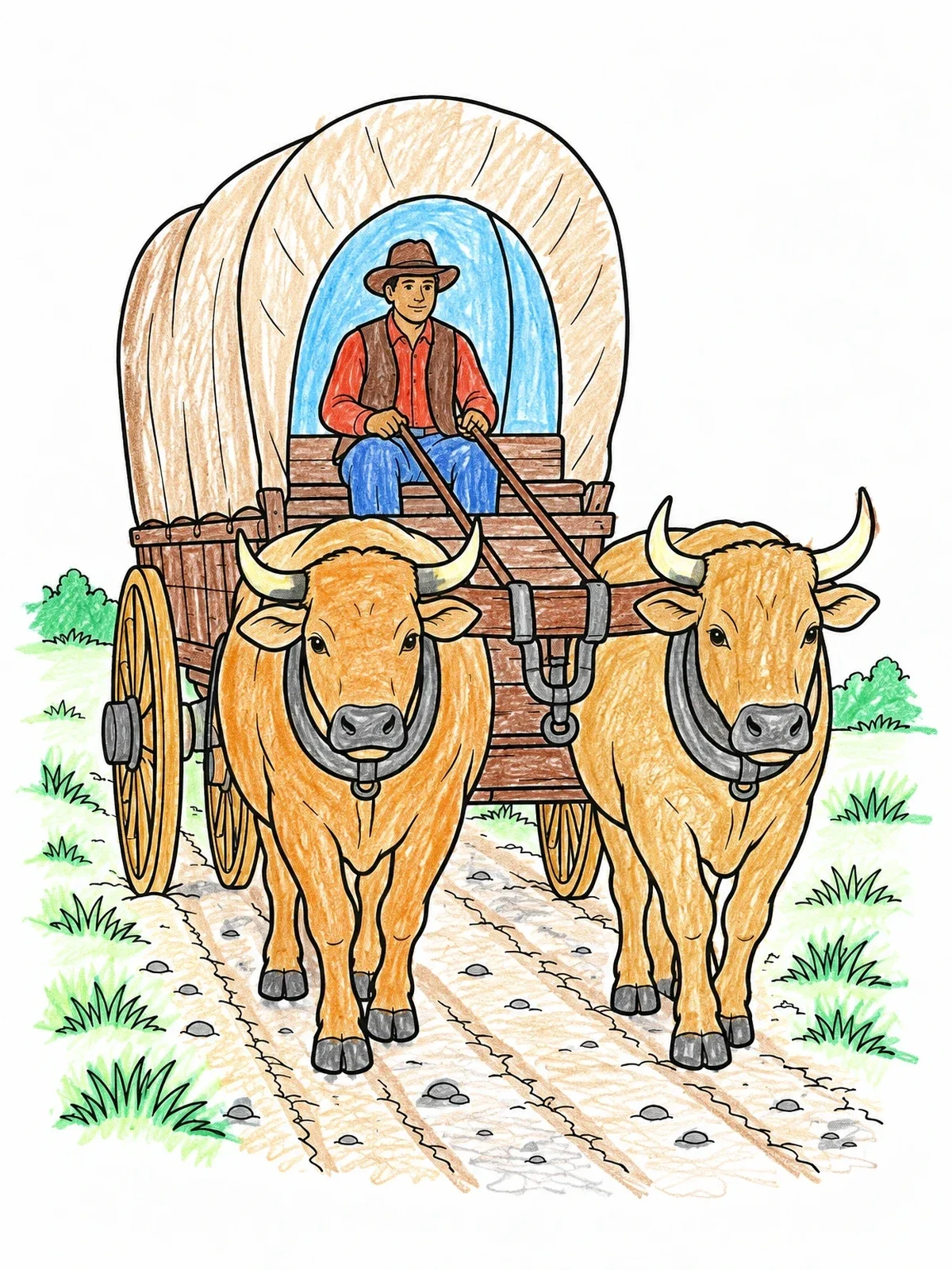 Colored example of the Pioneer Covered Wagon With Oxen coloring page