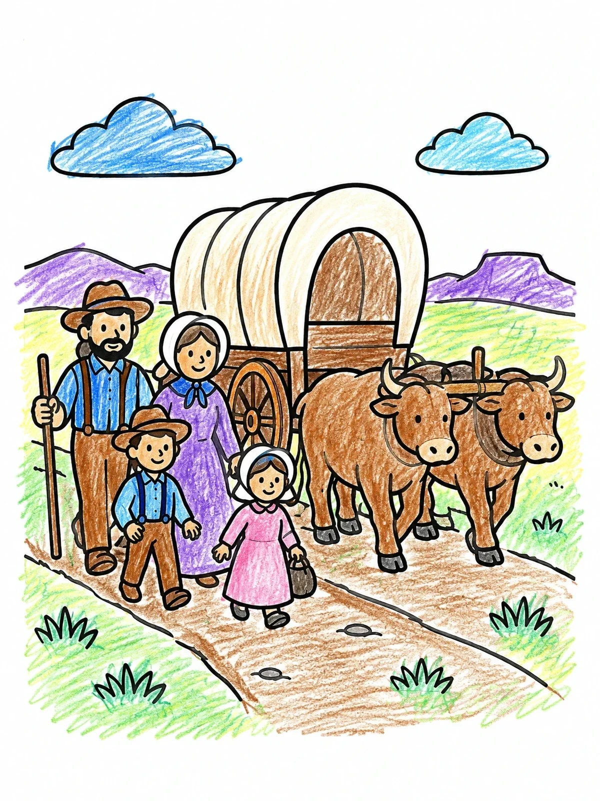 Colored example of the Pioneer Family With Covered Wagon coloring page