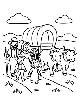 Free printable Pioneer Family With Covered Wagon coloring page