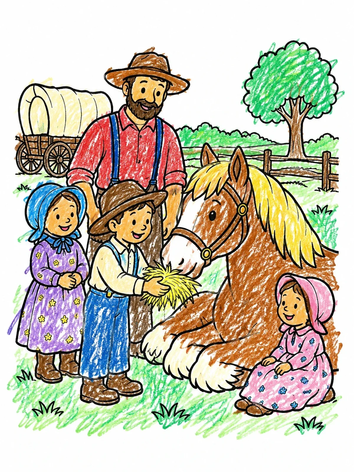 Colored example of the Pioneer Family Feeding Friendly Draft Horse coloring page
