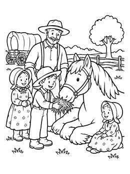 Free printable Pioneer Family Feeding Friendly Draft Horse coloring page