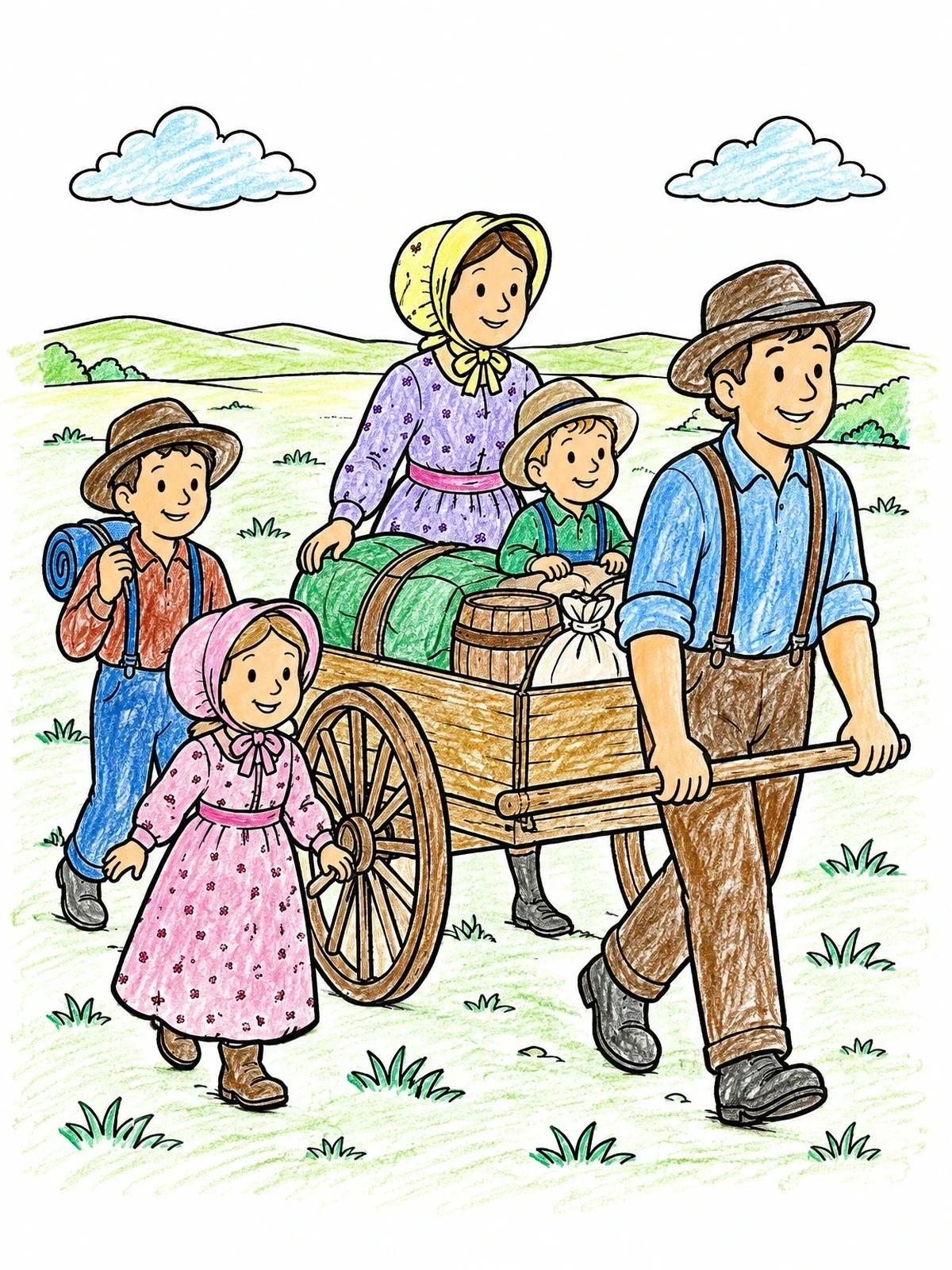 Colored example of the Pioneer Family Pulling A Handcart coloring page