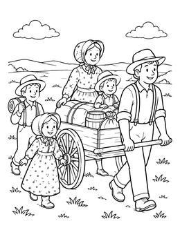 Free printable Pioneer Family Pulling A Handcart coloring page