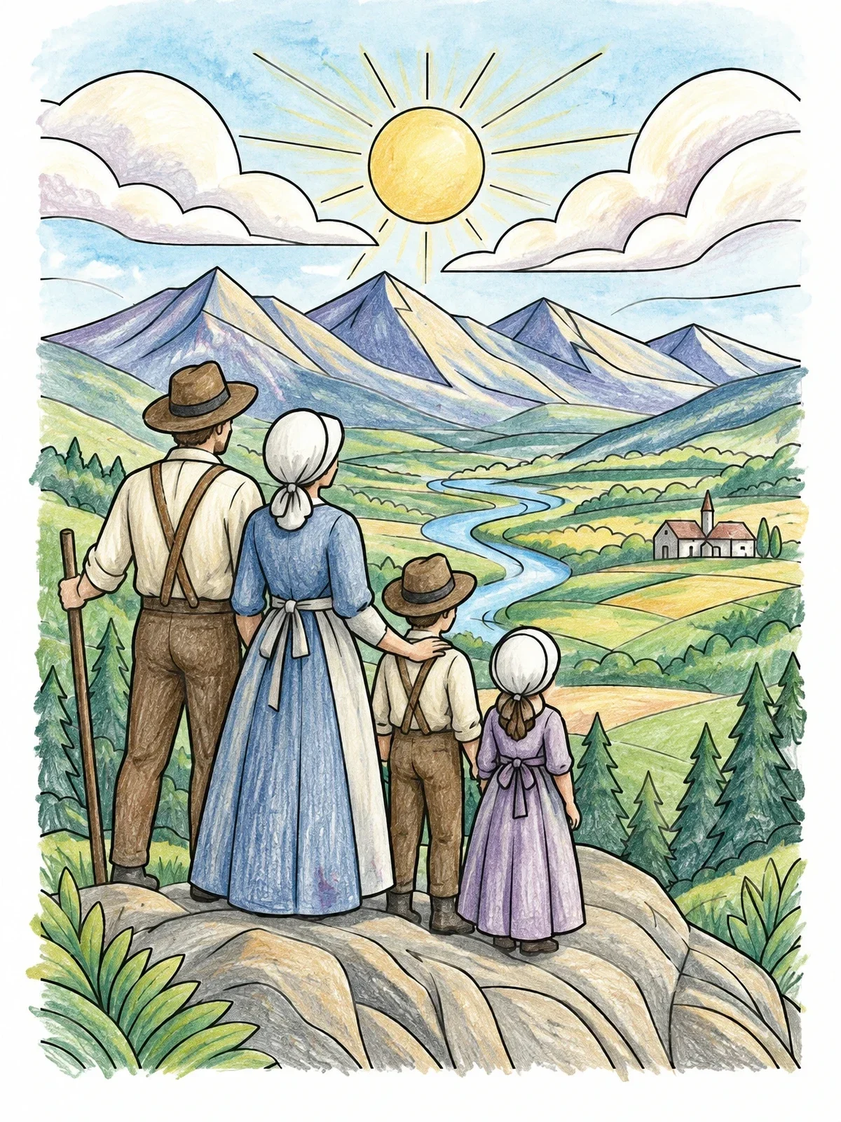 Colored example of the Pioneer Family Overlooking The Valley coloring page