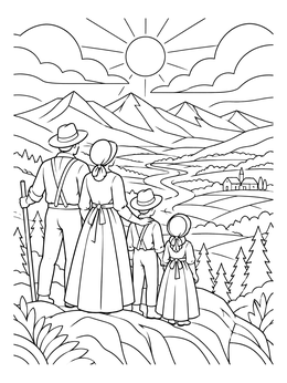 Free printable Pioneer Family Overlooking The Valley coloring page