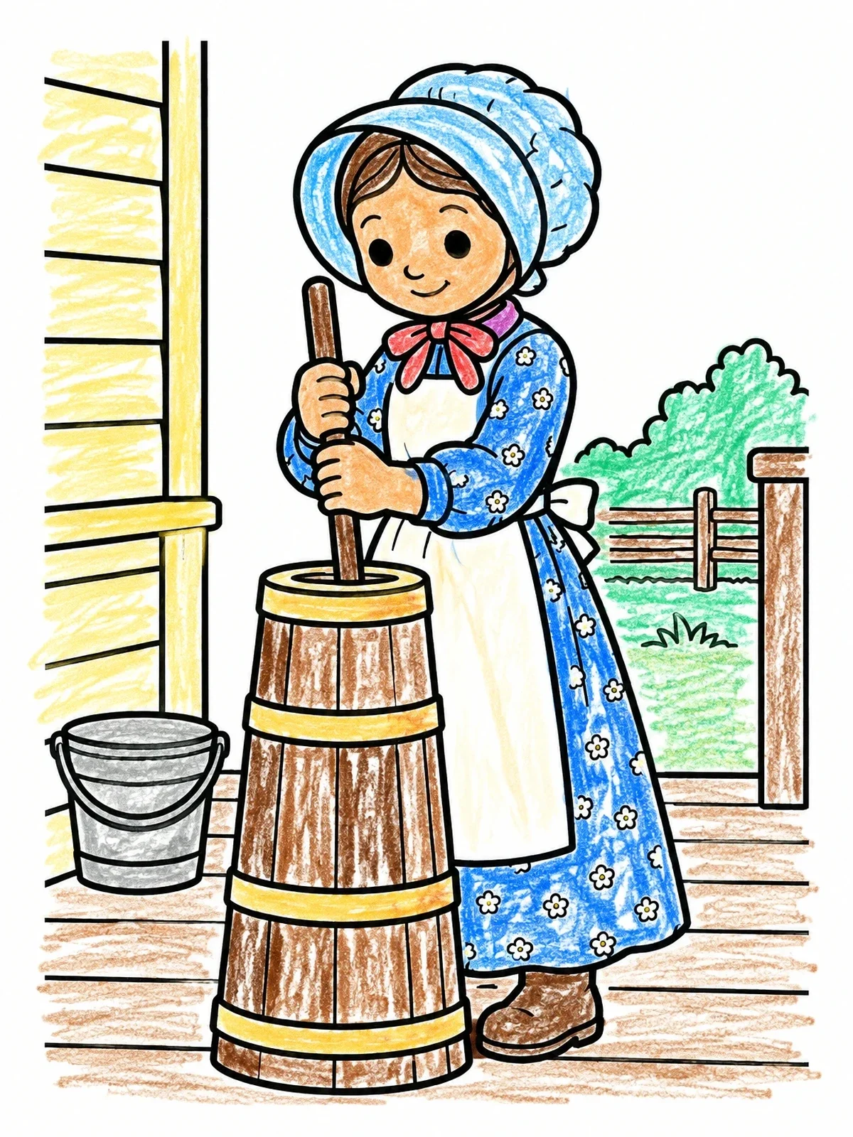 Colored example of the Pioneer Girl Churning Butter coloring page