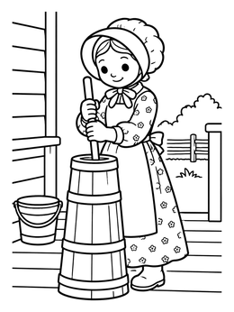 Free printable Pioneer Girl Churning Butter coloring page