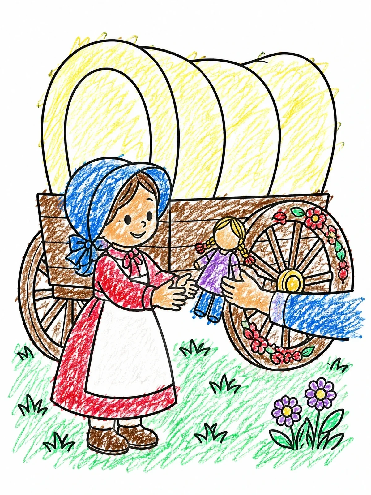 Colored example of the Pioneer Girl With Rag Doll coloring page
