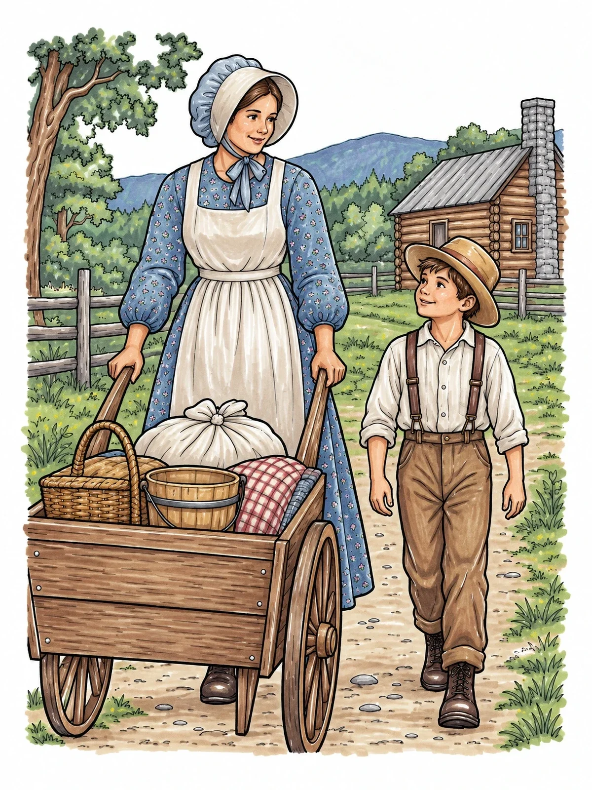 Colored example of the Pioneer Mother And Son With Handcart coloring page
