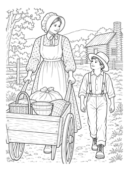 Free printable Pioneer Mother And Son With Handcart coloring page
