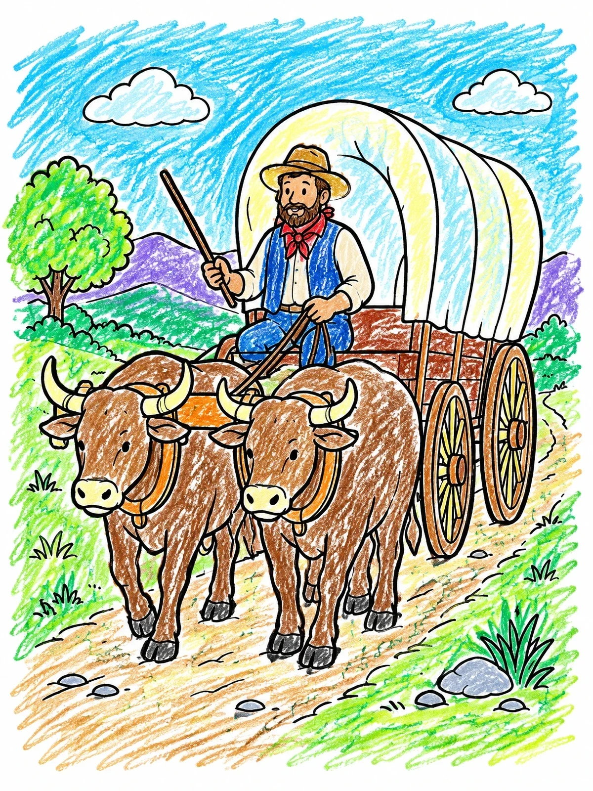 Colored example of the Pioneer Driving An Ox Drawn Covered Wagon coloring page