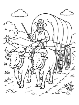 Free printable Pioneer Driving An Ox Drawn Covered Wagon coloring page