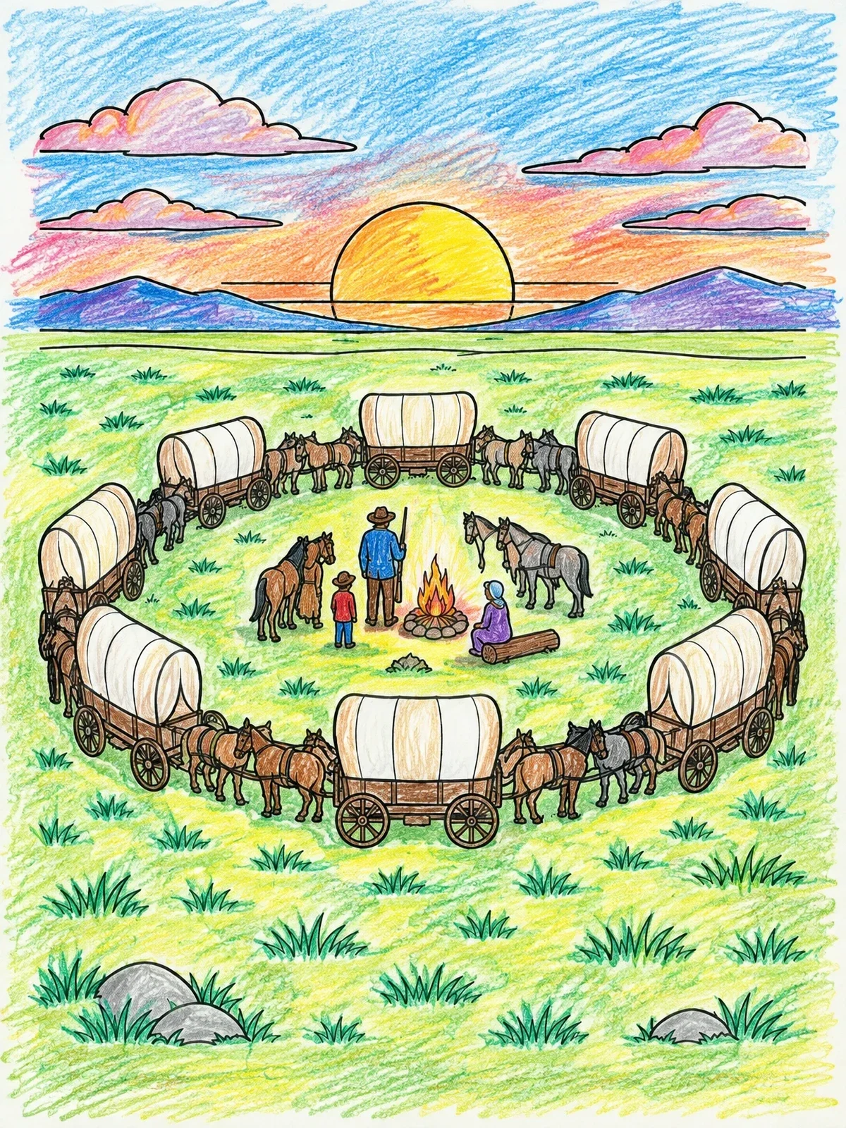 Colored example of the Pioneer Wagon Circle Camp At Sunset coloring page