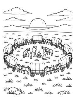 Free printable Pioneer Wagon Circle Camp At Sunset coloring page