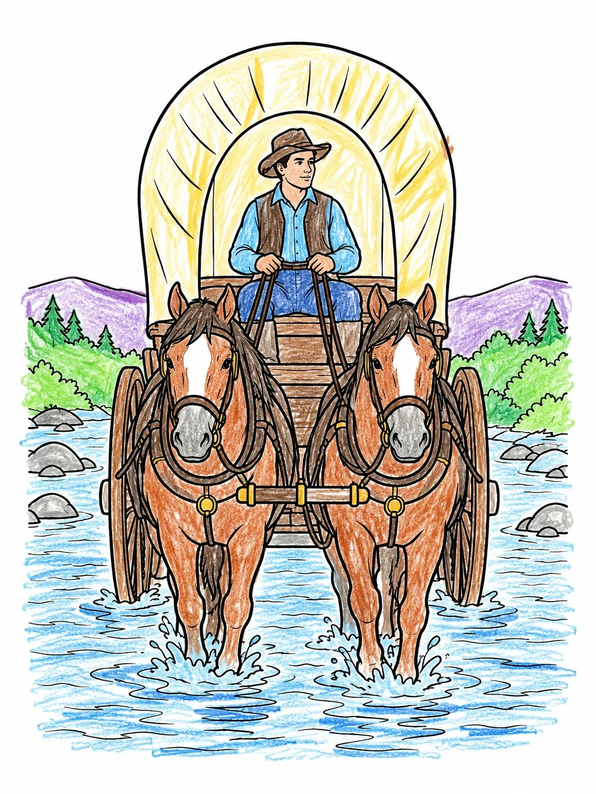 Colored example of the Pioneer Wagon Crossing The River coloring page