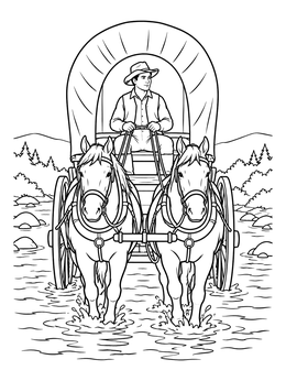 Free printable Pioneer Wagon Crossing The River coloring page