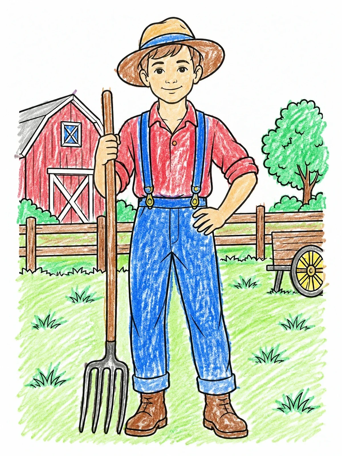 Colored example of the Young Pioneer Farm Boy With Pitchfork coloring page