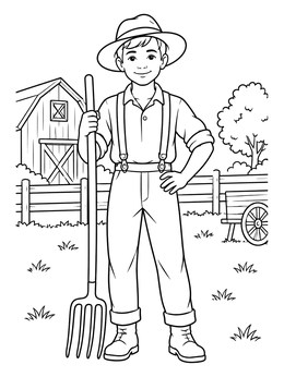 Free printable Young Pioneer Farm Boy With Pitchfork coloring page