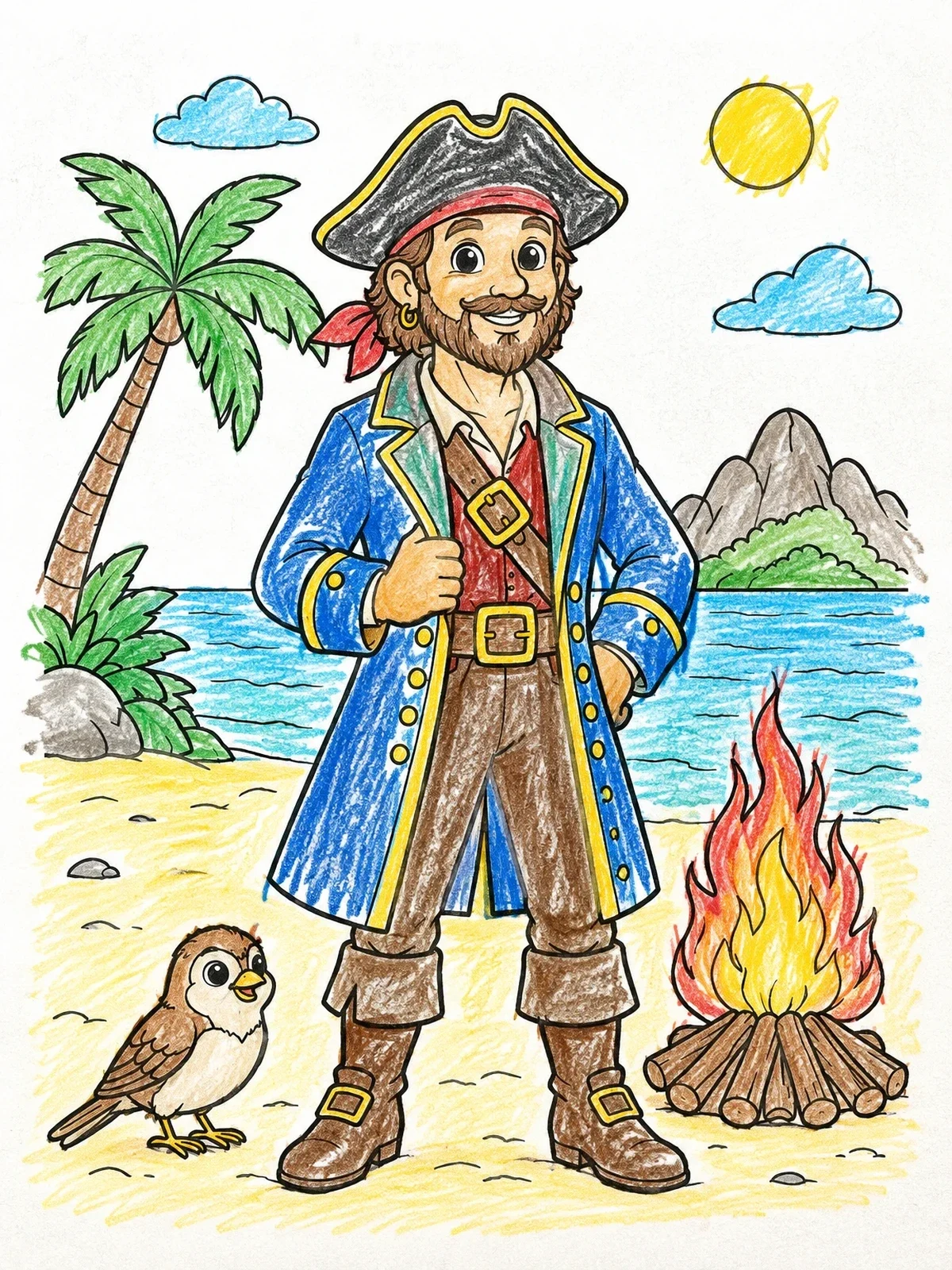 Colored example of the Pirate And Sparrow On Beach coloring page