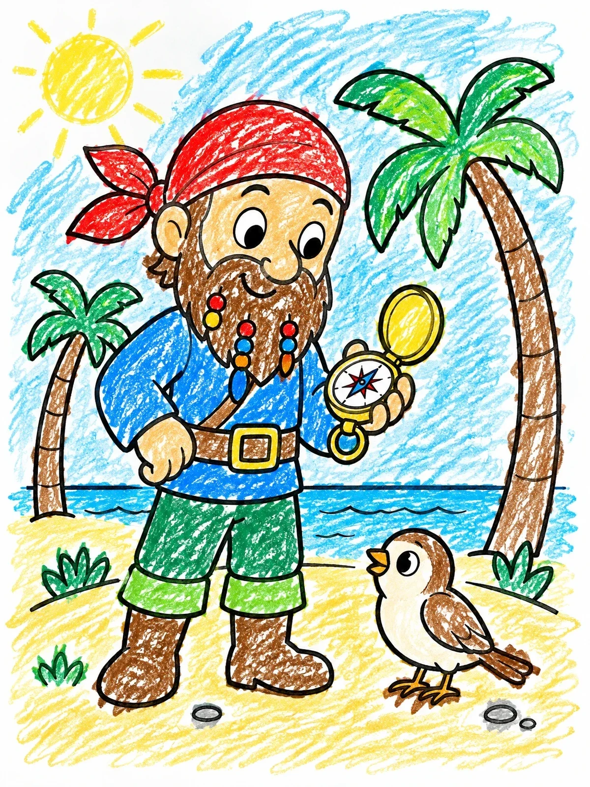 Colored example of the Pirate And Sparrow On The Beach coloring page