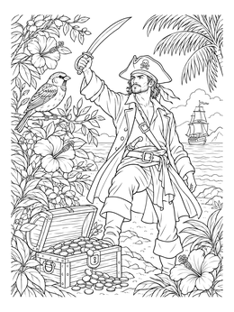 A pirate rogue stands near a treasure chest on this sparrow coloring page with tropical flowers.
