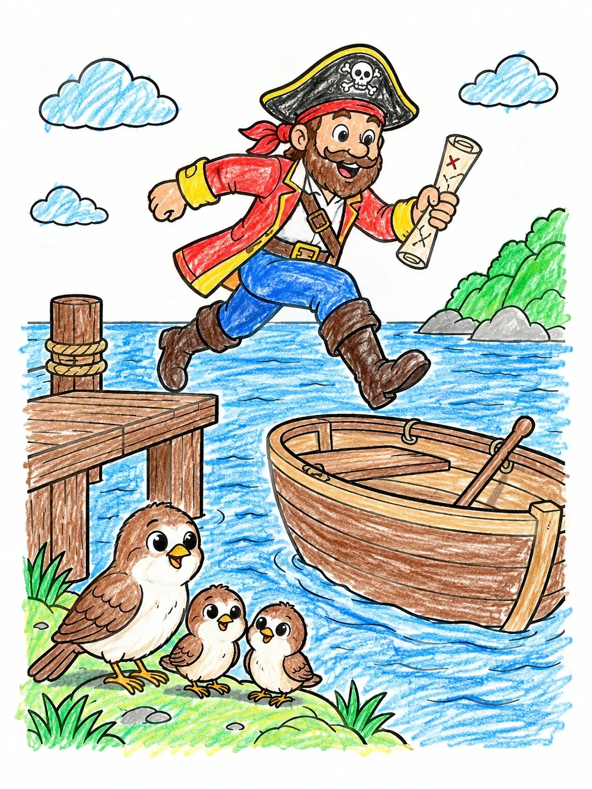 Colored example of the Pirate And Sparrows By The Sea coloring page