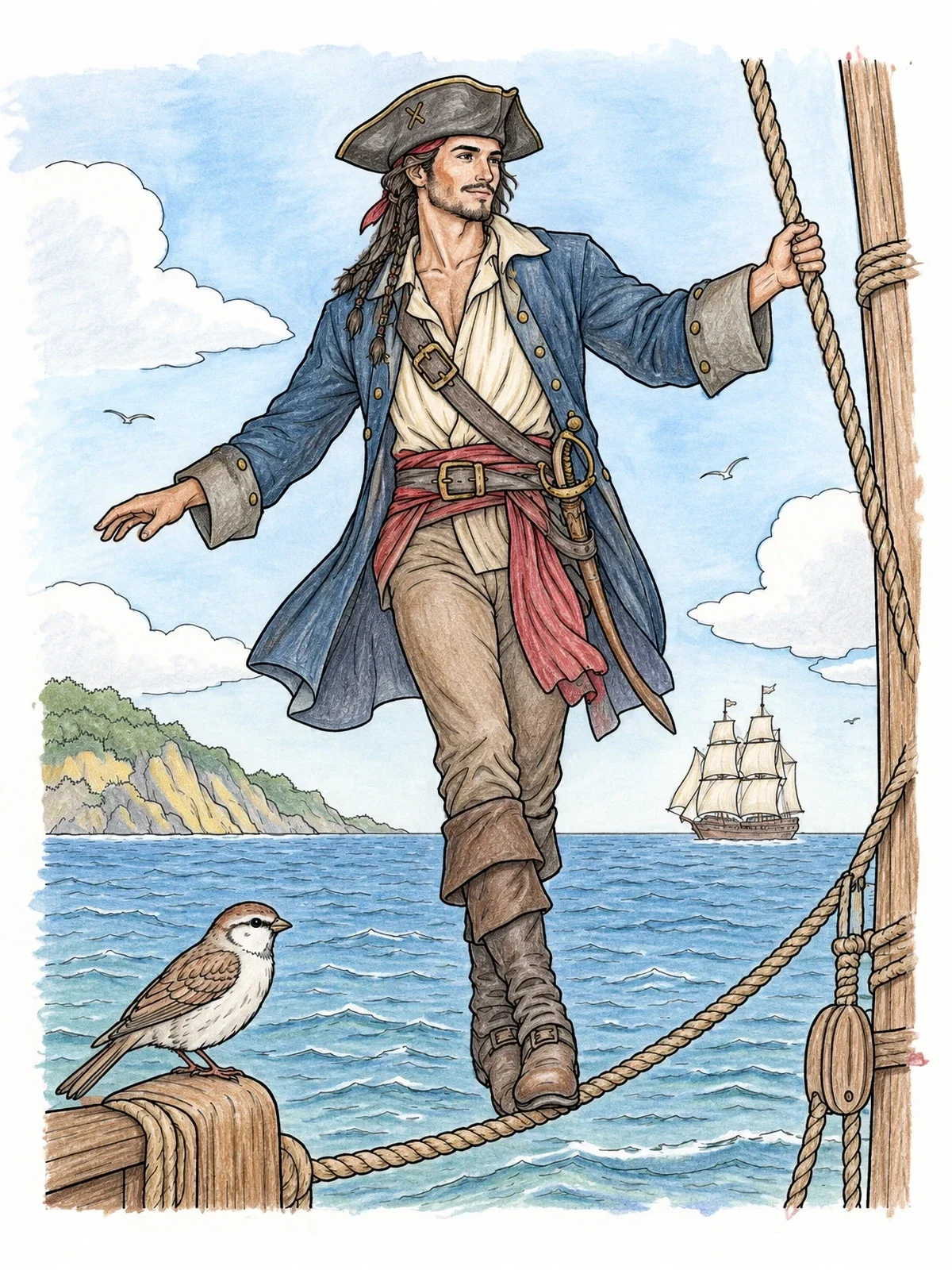 Colored example of the Pirate Balancing With Sparrow Companion coloring page