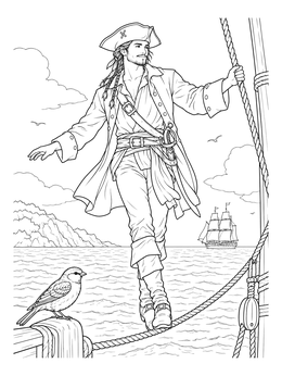 A pirate balances on rope beside a bird in this sparrow coloring page.
