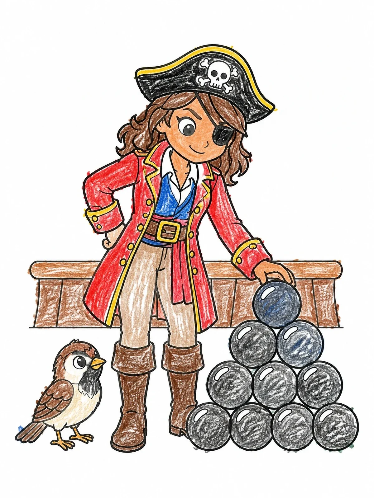 Colored example of the Pirate Captain With Little Sparrow coloring page