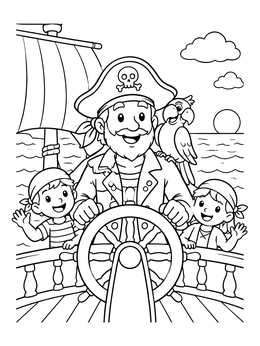 Free printable Pirate Captain And Crew At The Helm coloring page