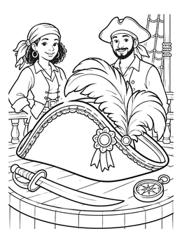 A feathered tricorn hat and crew on this pirate coloring page.