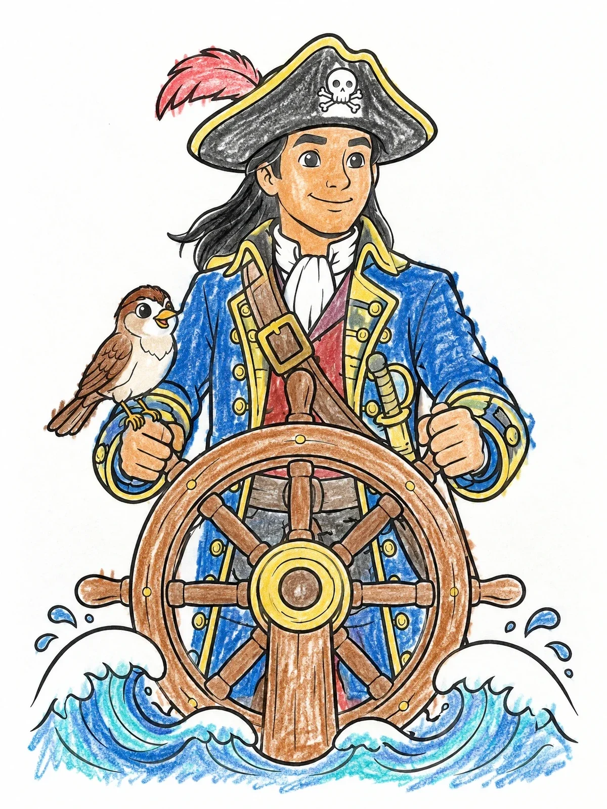 Colored example of the Pirate Captain With Sparrow Companion coloring page
