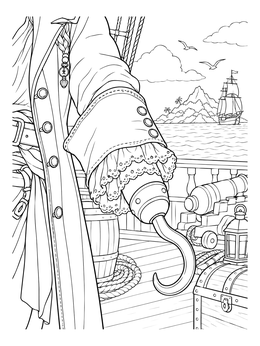 A close-up pirate coloring page of a captain's hook with lace cuffs aboard a ship deck.
