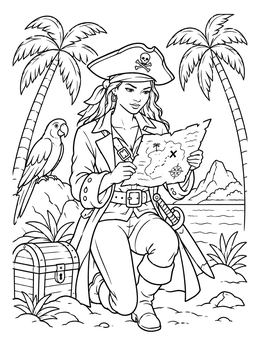 A woman pirate captain studies an island map in this pirate coloring page.