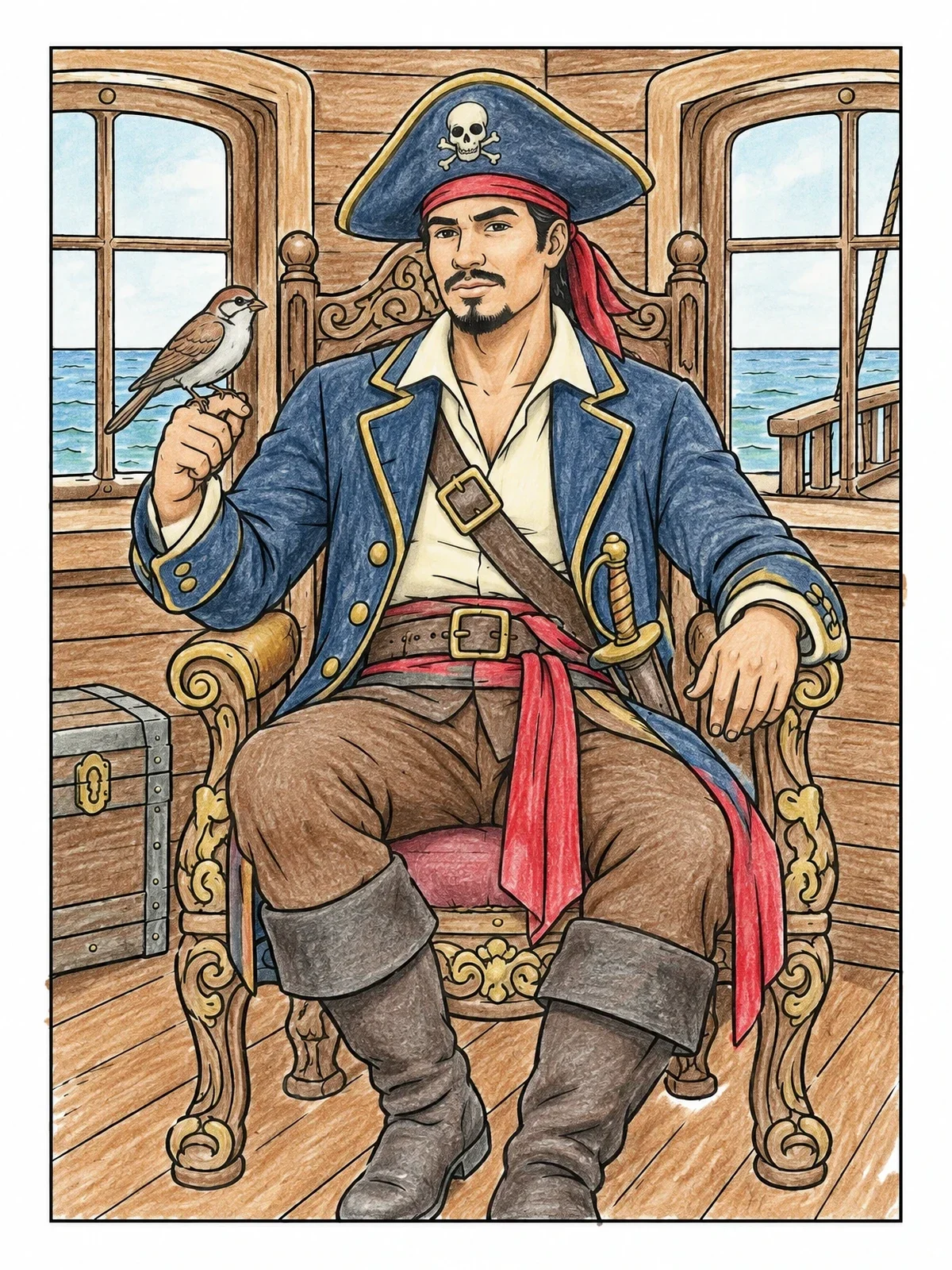 Colored example of the Pirate Captain With Pet Sparrow coloring page
