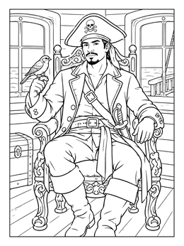 A seated pirate captain holds a bird in this sparrow coloring page.
