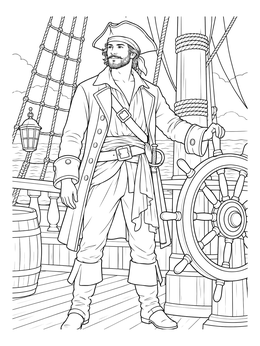 A handsome pirate captain steers his ship in this pirate coloring page.
