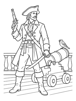A bold captain and a sparrow coloring page with cannon on ship deck.
