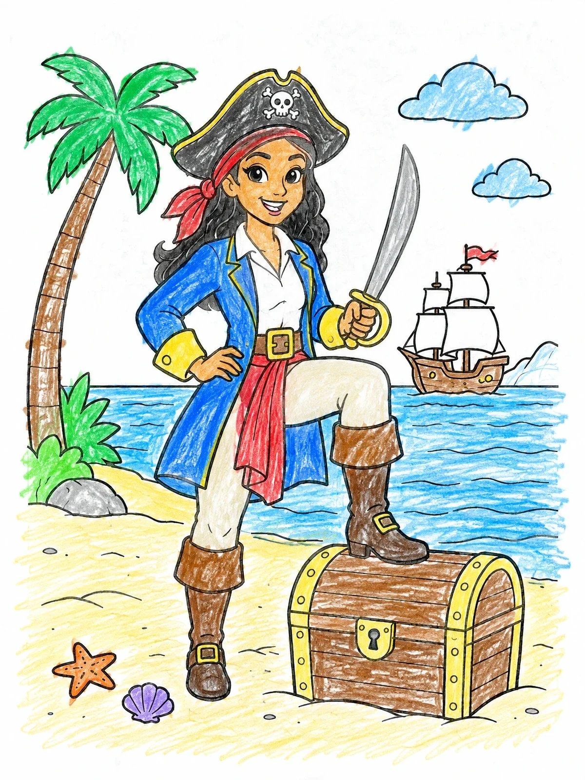 Colored example of the Pirate Captain With Treasure Chest coloring page