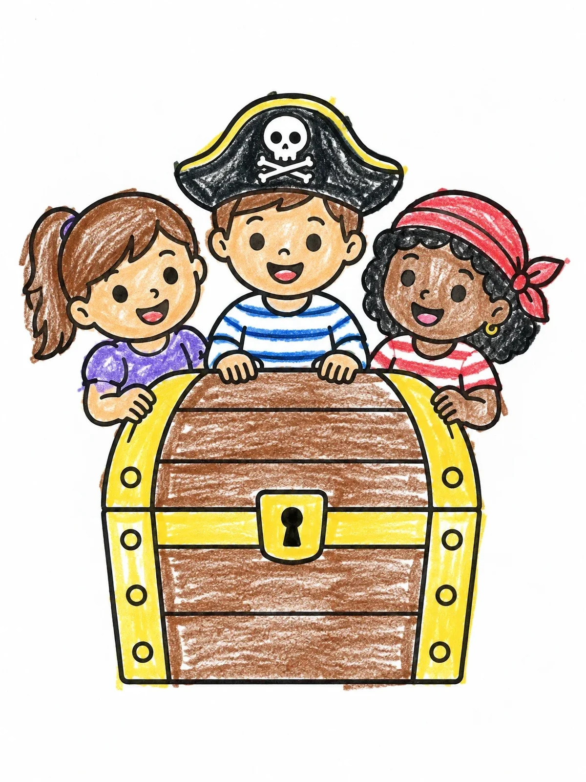 Colored example of the Pirate Children Behind Treasure Chest coloring page