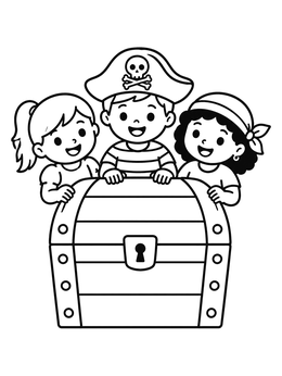 Free printable Pirate Children Behind Treasure Chest coloring page