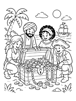 Free printable Pirate Crew Finding Treasure Chest coloring page