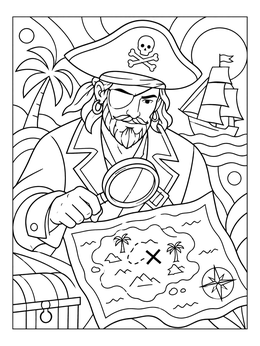 A detailed pirate coloring page showing a captain studying a treasure map with a magnifying glass.